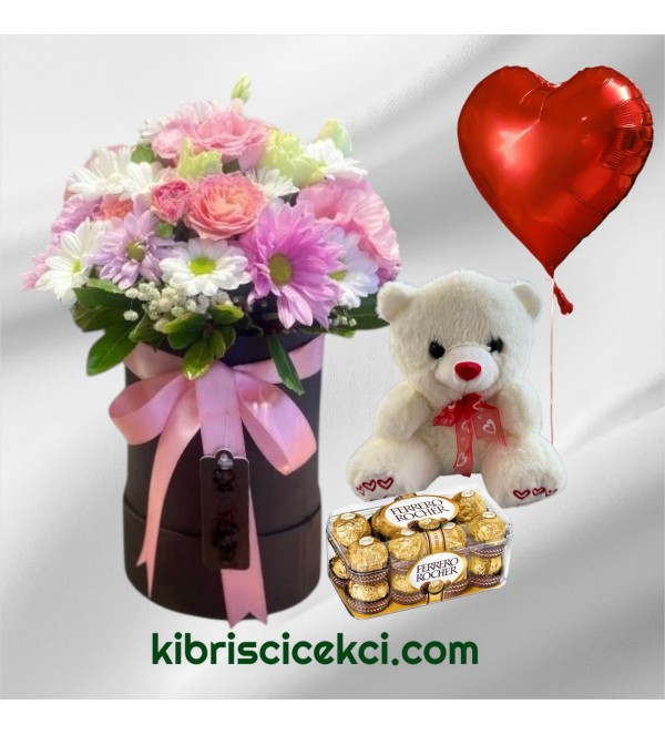 Kutuda Karışık Çiçek Ayıcık 16'lı Ferrero Çikolata Kalp Helyum Balon